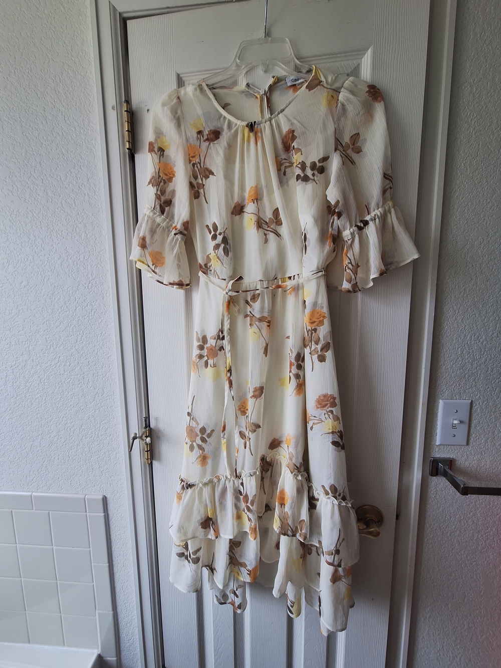 Calvin Klein Cream Floral Midi Dress with Yellow & Brown Accents